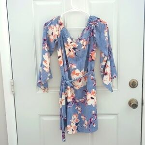 Charles Henry floral blue and white striped off the shoulder midi dress size SP